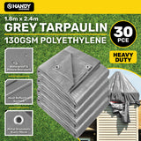 Handy Hardware 30PCE 130GSM Grey Tarpaulin UV Resistant Waterproof 1.8 x 2.4m