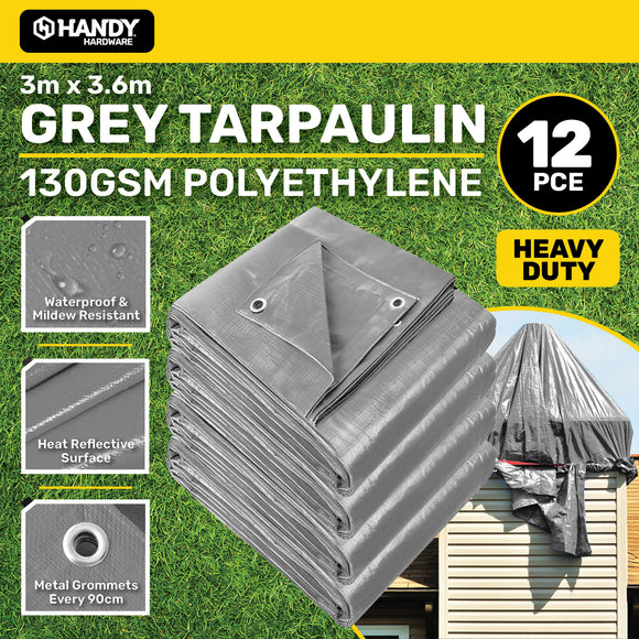 Handy Hardware 12PCE 130GSM Grey Tarpaulin UV Resistant Waterproof 3.6 x 3m