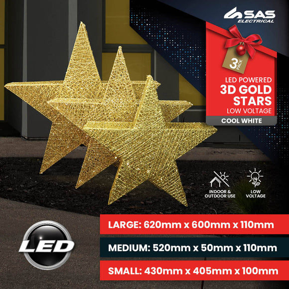 SAS Electrical 3PCE 3D Gold Stars Display Various Sizes Cool White Lighting