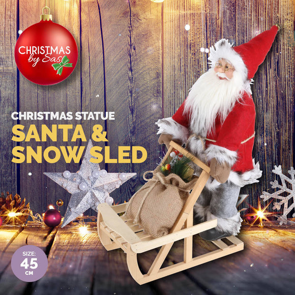 Christmas By Sas 45cm x 30cm Santa & Wooden Sleigh Decorative Statue Intricate Details