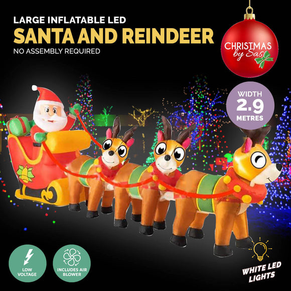 Christmas By Sas 2.9m Santa Reindeers & Sleigh Built-In Blower LED Lighting