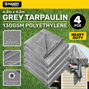 4PCE 130GSM Grey Tarpaulin UV Resistant Waterproof 4.2 x 4.2m