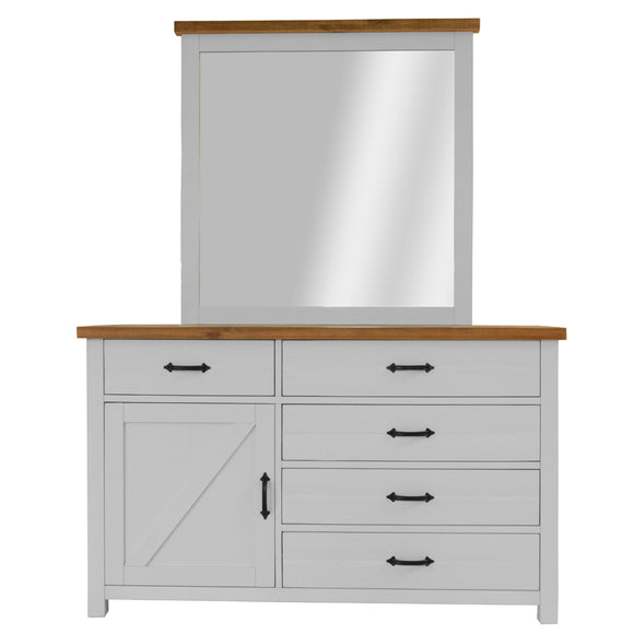 Grandy Dresser Mirror 5 Chest of Drawers 1 Door Bed Storage Cabinet White Brown