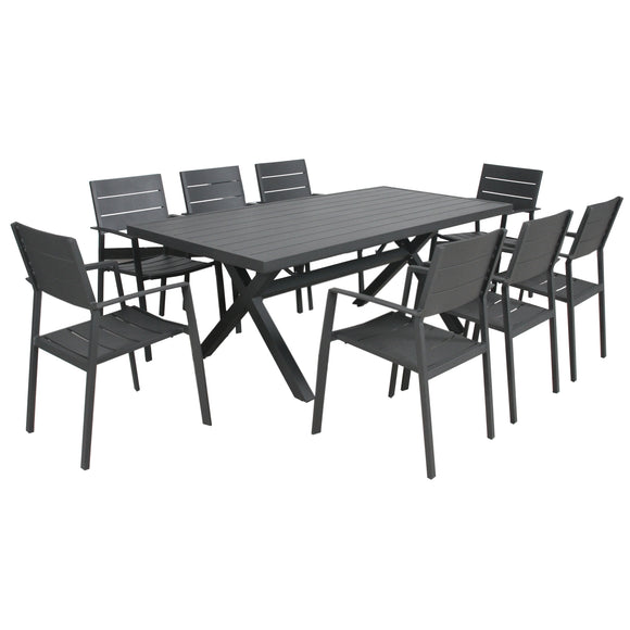 Percy 9pc 200cm Outdoor Trestle Dining Table Chair Set Aluminium Frame Grey