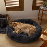 Dog Pet Cat Calming Bed Warm Plush Round Nest Comfy Sleeping Bed Dark Grey 70cm