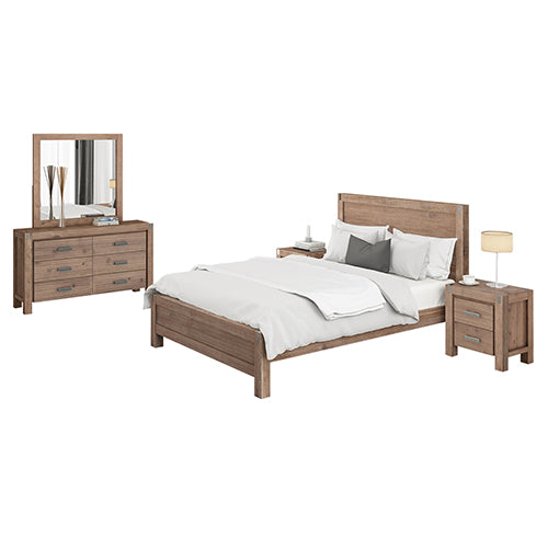 4 Pieces Bedroom Suite in Solid Wood Veneered Acacia Construction Timber Slat King Size Oak Colour Bed, Bedside Table & Dresser
