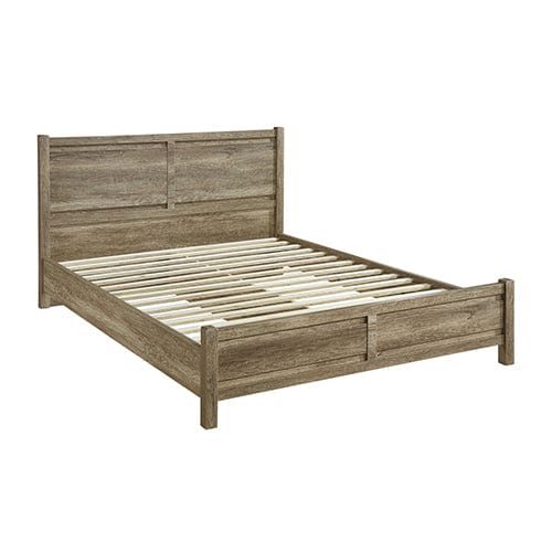 A queen size bed frame made from natural wood like MDF in an oak colour with a solid pattern and no visible headboard.