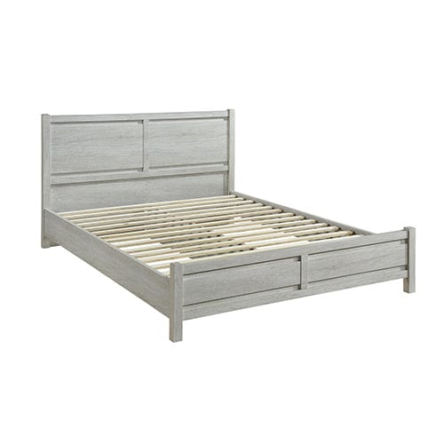 Queen size bed frame in oak color, made from natural wood like MDF, with a headboard and footboard, flatpacked.