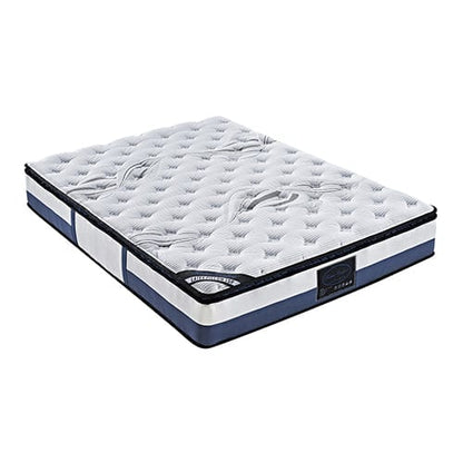 A queen-sized mattress with a pillow top, pocket spring construction, and a visible latex layer, encased in a knitted fabric.