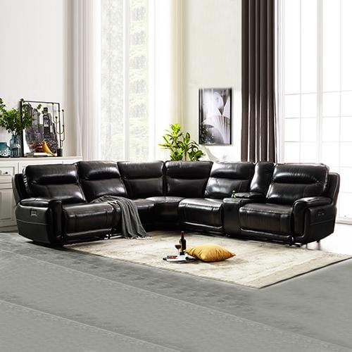 6 Seater Corner Lounge Sofa with Genuine Leather Black Armless Recliners Straight Console