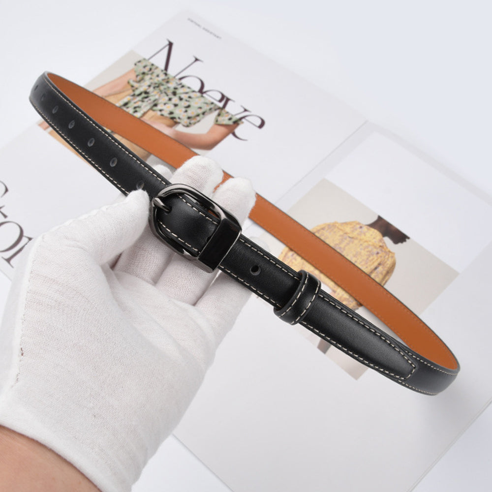 Cheeky X Luxury Top Layer Cow Leather Belt Women's Simple Decorative Jeans Belt Versatile Fashion Thin Belt (Black)