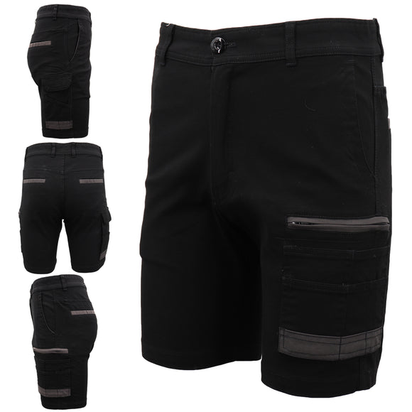 Mens Cargo Cotton Drill Work Shorts UPF 50+ 13 Pockets Tradies Workwear Trousers, Black, 38