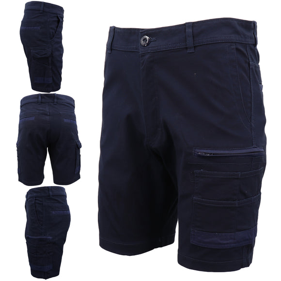 Mens Cargo Cotton Drill Work Shorts UPF 50+ 13 Pockets Tradies Workwear Trousers, Navy, 28