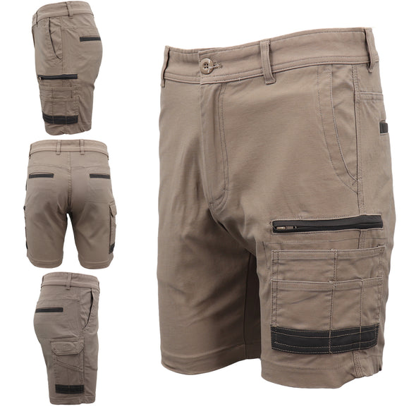Mens Cargo Cotton Drill Work Shorts UPF 50+ 13 Pockets Tradies Workwear Trousers, Khaki, 30