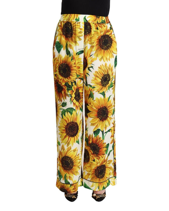 Mid-Waisted Wide Leg Pants with Sunflower Print 42 IT Women