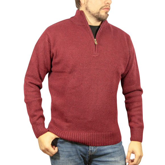100% SHETLAND WOOL Half Zip Up Knit JUMPER Pullover Mens Sweater Knitted - Burgundy (97) - 3XL