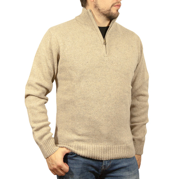 100% SHETLAND WOOL Half Zip Up Knit JUMPER Pullover Mens Sweater Knitted - Oat Marle (03) - M
