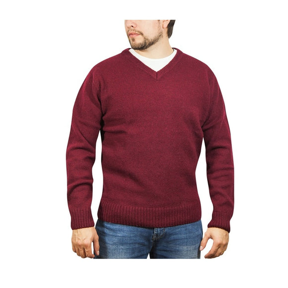 100% Shetland Wool V Neck Knit Jumper Pullover Mens Sweater Knitted - Burgundy (97) - S