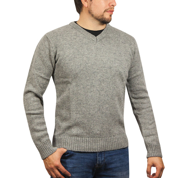 100% Shetland Wool V Neck Knit Jumper Pullover Mens Sweater Knitted - Grey (21) - S