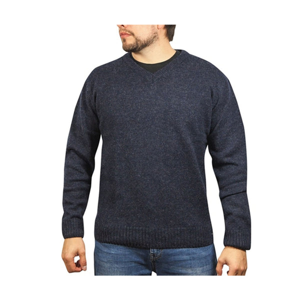 100% Shetland Wool V Neck Knit Jumper Pullover Mens Sweater Knitted - Navy (45) - S