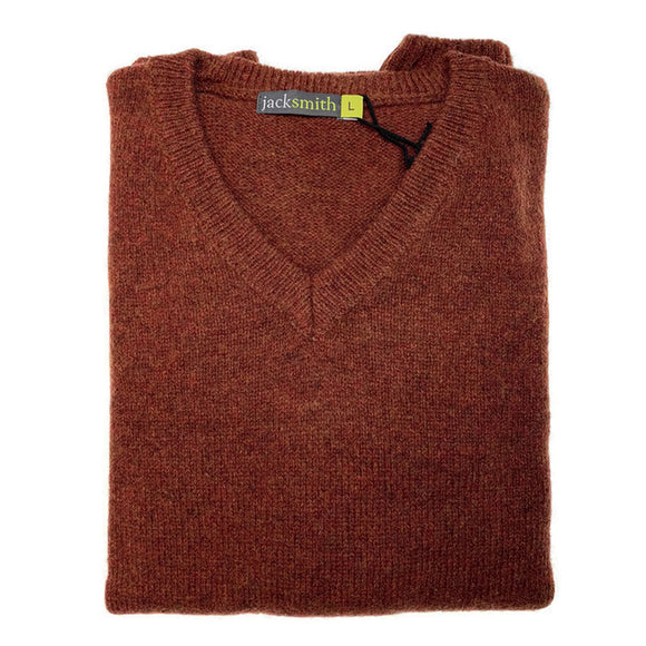 100% Shetland Wool V Neck Knit Jumper Pullover Mens Sweater Knitted - Rust (54) - L
