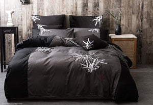 Luxton Super King Size Embroidered Bamboo Pattern Black Grey Quilt Cover Set (3PCS)