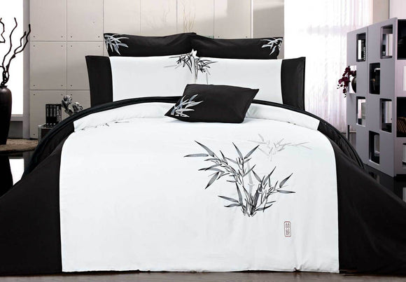Luxton Queen Size Embroidered Bamboo Pattern White Quilt Cover Set (3PCS)