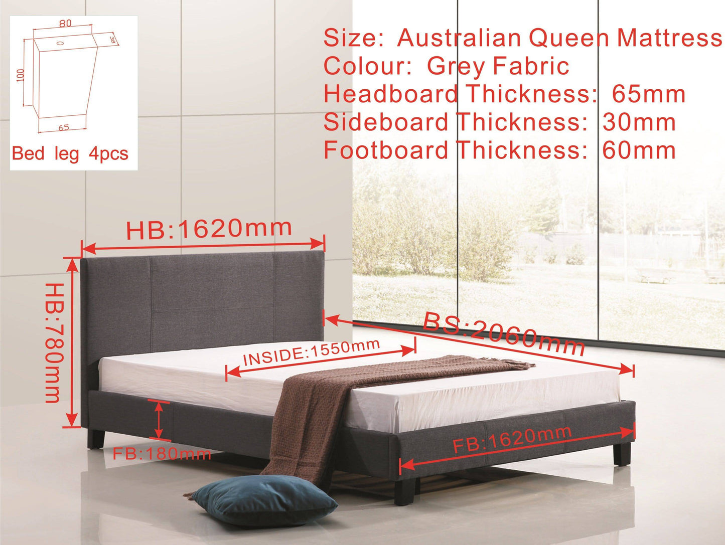 Queen Linen Fabric Bed Frame Grey