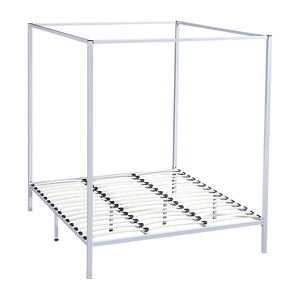 A cream-colored four poster king bed frame made of steel with a visible metal construction including multiple crossbars and a square design at the top.
