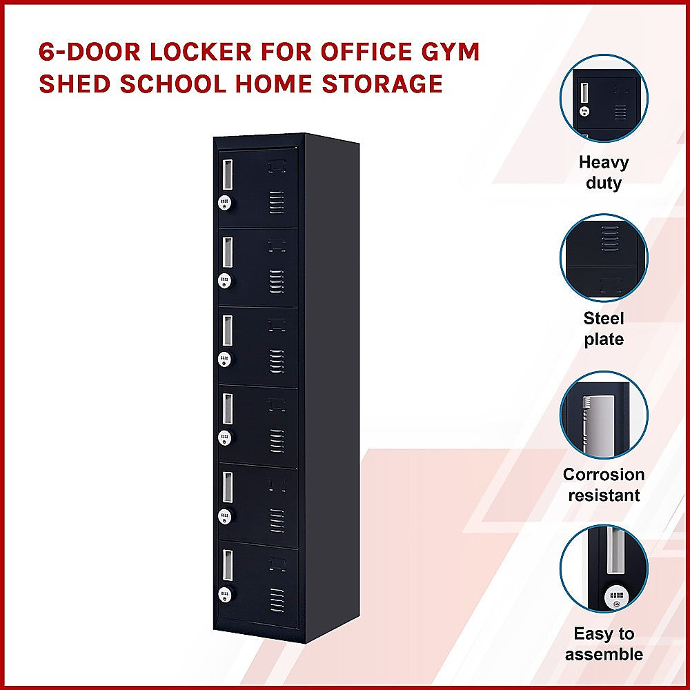 6-Door Locker for Office Gym Shed School Home Storage 4-digit Combination Lock Black