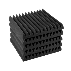 A stack of black polyurethane acoustic foam panels with a wedge design, intended for use in soundproofing rooms.