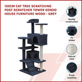 Cat Tree 132cm  Scratching Post Scratcher Tower Condo House Furniture Wood - Grey