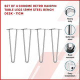 Set of 4 Chrome Retro Hairpin Table Legs 12mm Steel Bench Desk - 71cm