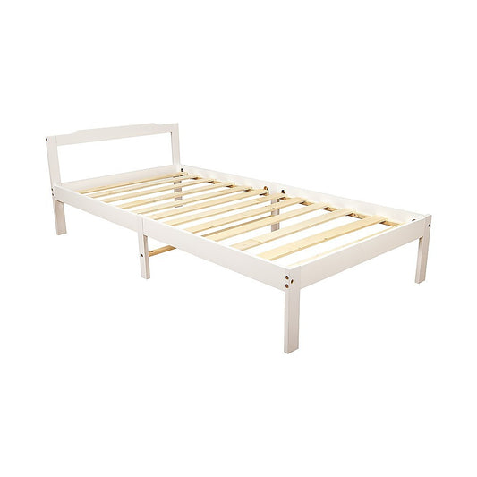 A single-sized natural wooden bed frame with a white finish and solid timber slats.