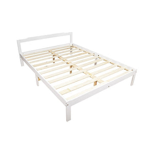A double wooden bed frame painted white, with a headboard and solid timber slats, against a white background.