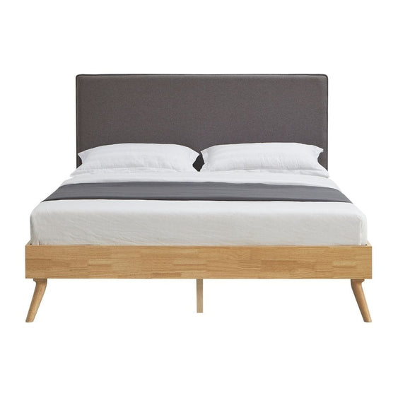Natural Oak Ensemble Bed Frame Wooden Slat Fabric Headboard King