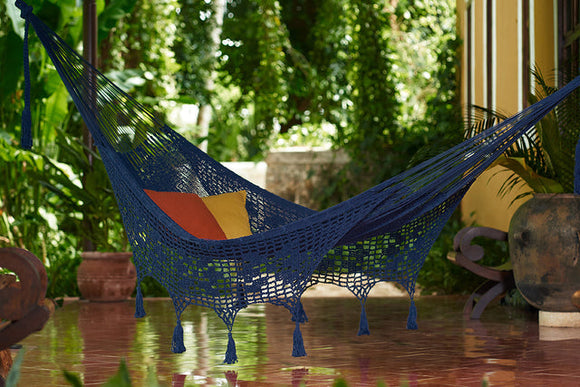 Mayan Legacy King Size Deluxe Outdoor Cotton Mexican Hammock in Blue Colour
