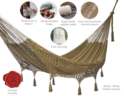 Mayan Legacy King Size Deluxe Outdoor Cotton Mexican Hammock in Cedar  Colour