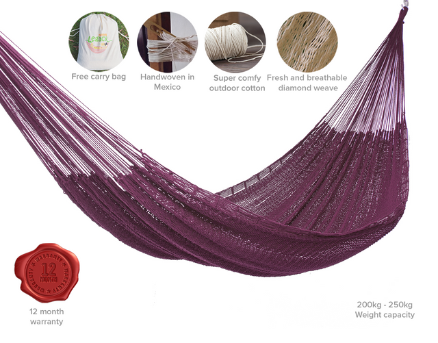 Mayan Legacy King Size Outdoor Cotton Mexican Hammock in Maroon Colour