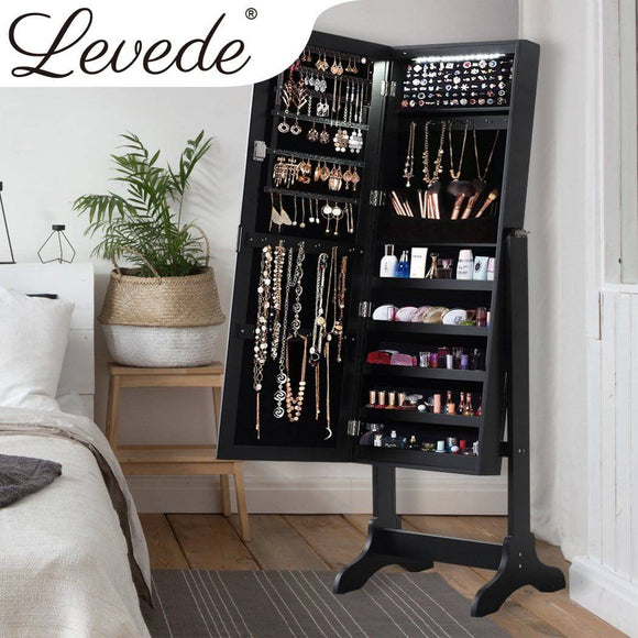 Mirrored Jewellery Dressing Cabinet with LED Light Black Colour-Levede Dual Use