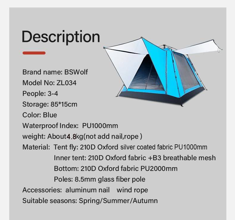 BSWolf Automatic Family Camping tent 4-person Waterproof