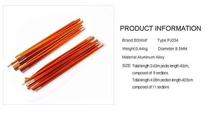 BSWolf 2pcs 3.63/4.05M Outdoor Camping Tent Poles Aluminum Alloy Tent Rods 8.5mm Spare Replacemet
