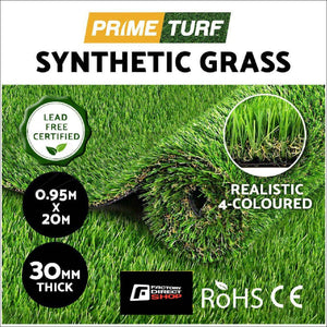 Prime Turf Artificial Grass 30mm 1mx20m Synthetic Fake Lawn Turf Plastic Plant 4-coloured
