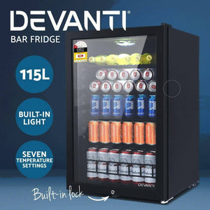 Devanti 115L Bar Fridge Glass Door w/Light Black