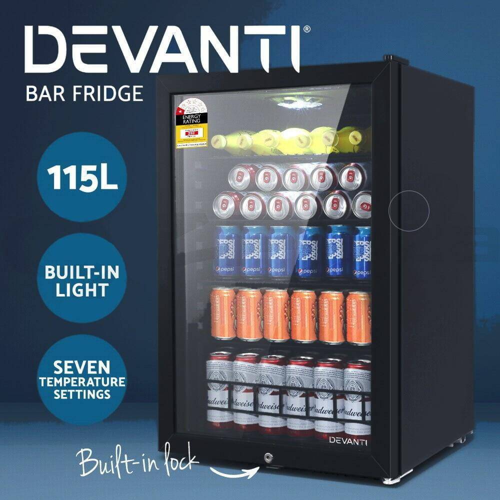 Devanti 115L Bar Fridge Glass Door w/Light Black