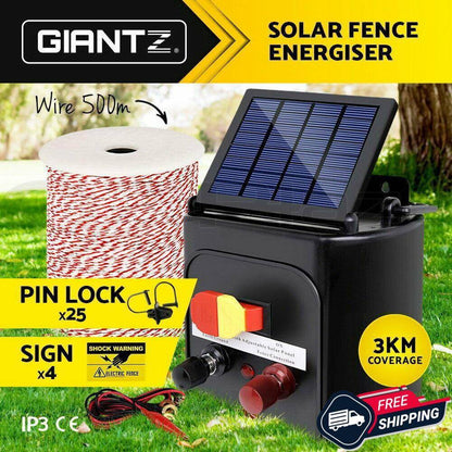Giantz 3km Solar Electric Fence Energiser Charger with 500M Tape and 25pcs Insulators