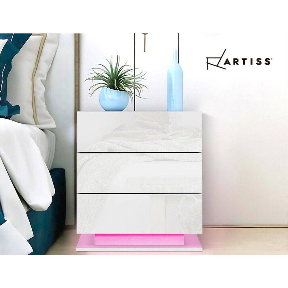 Artiss Bedside Table LED 3 Drawers - MORI White
