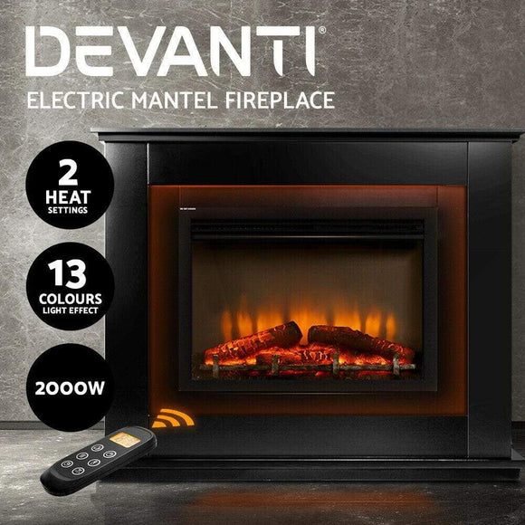 Electric Fireplace Heater Mantle Log Wood 3D Flame Effect Black-Devanti 2000W