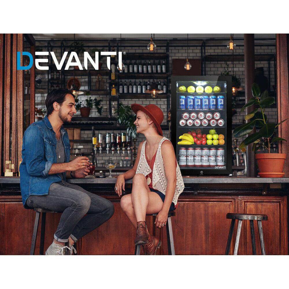 Devanti 115L Bar Fridge Glass Door w/Light Black