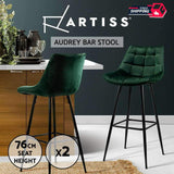 Artiss 2x  Kitchen Bar Stools Velvet Bar Stool Counter Chairs Metal Barstools Green
